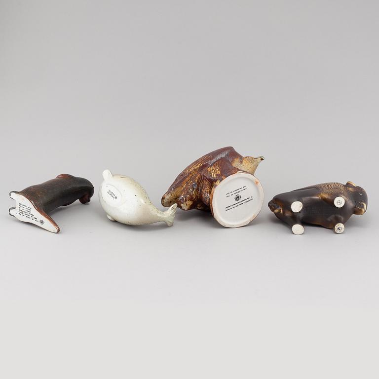 FIGURINER, 4 st, ur serien "Utrotningshotade djur" för WWF, Lisa Larsson, Gustavsberg, produktionsår 1975-1981.