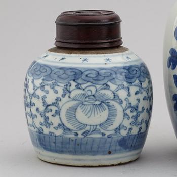 A set of three odd blue and white jars, late Qing dynasty, 19th Century.