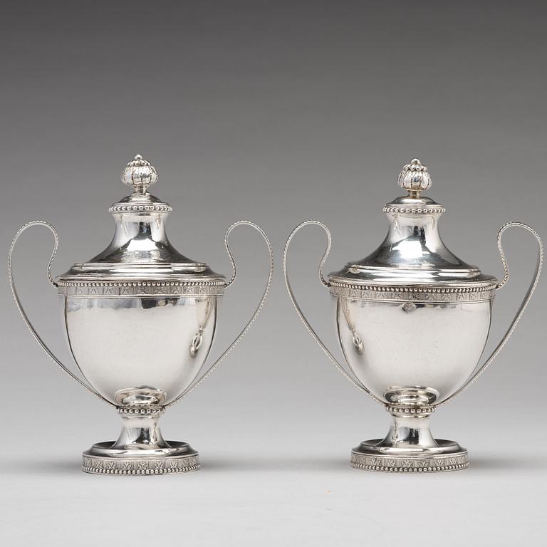 A pair of Swedish 18th century silver sugar bowls and covers, mark of  Fredrik Petersson Strö, Stockholm 1784.