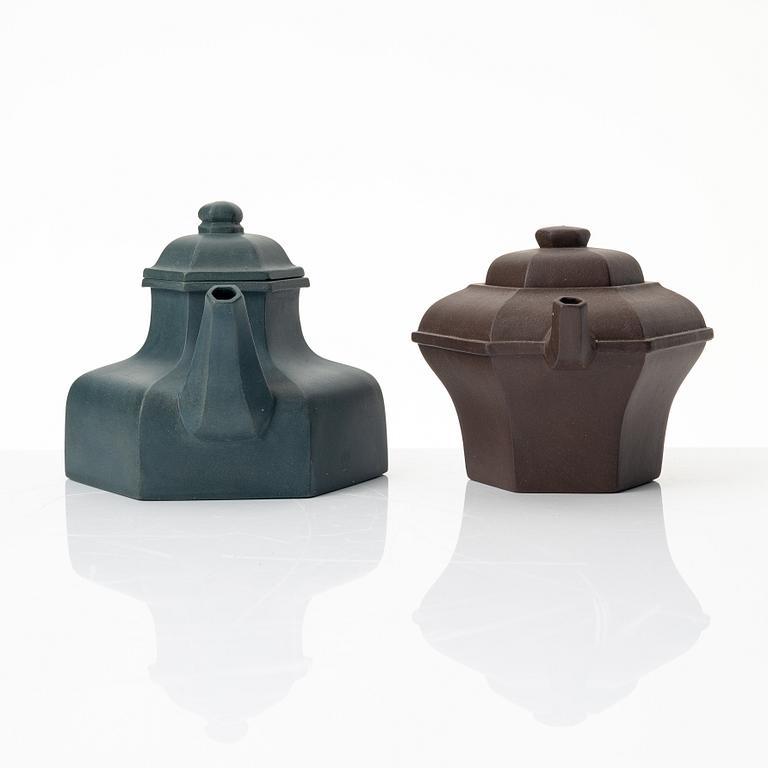 Two hexagonal 'gongfu' teapots, yixing, China, 1980s.