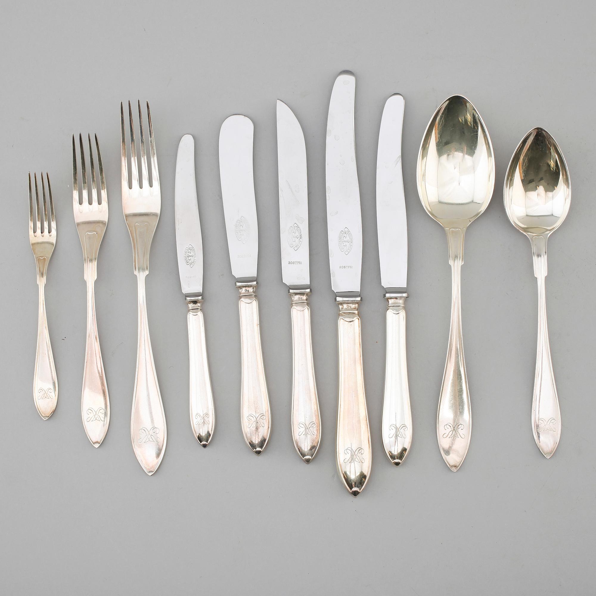 BESTICK, 99 delar, silver, CG Hallberg, Stockholm 1940-tal. Total vikt med stålblad ca 5034 gram.