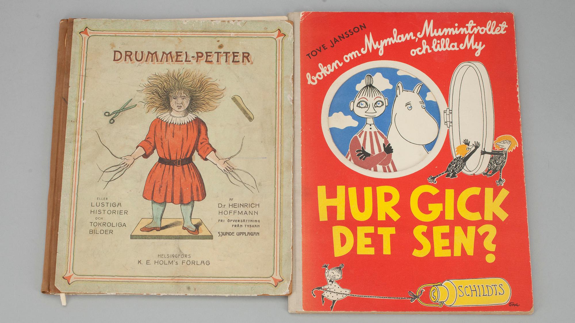KIRJOJA, 2 kpl, T. Jansson, signeerattu, "Hur gick det sen?" 1952  ja Heinrich Hoffmann "Drummelpetter" 1906.