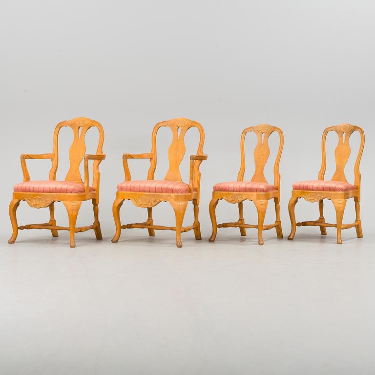 A pair of rococo-style chairs and a pair of armchairs, late 20th century.