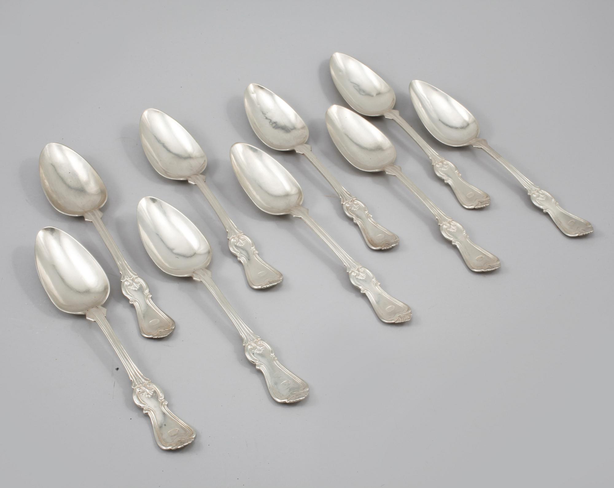 MATSKEDAR, 9 st, silver, Johan Wahlström, Jönköping, 1855, vikt 644 gram.