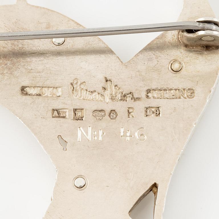Wiwen Nilsson, brosch, silver, i form av ett par fåglar, Lund 1954.
