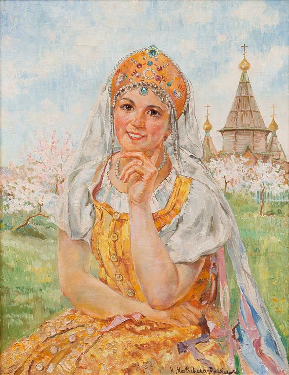 EKATERINA NIKOLAEVNA KATSHURA-FALILEEVA, A GIRL IN TRADITIONAL COSTUME WHEN THE APPLE TREES BLOSSOM.