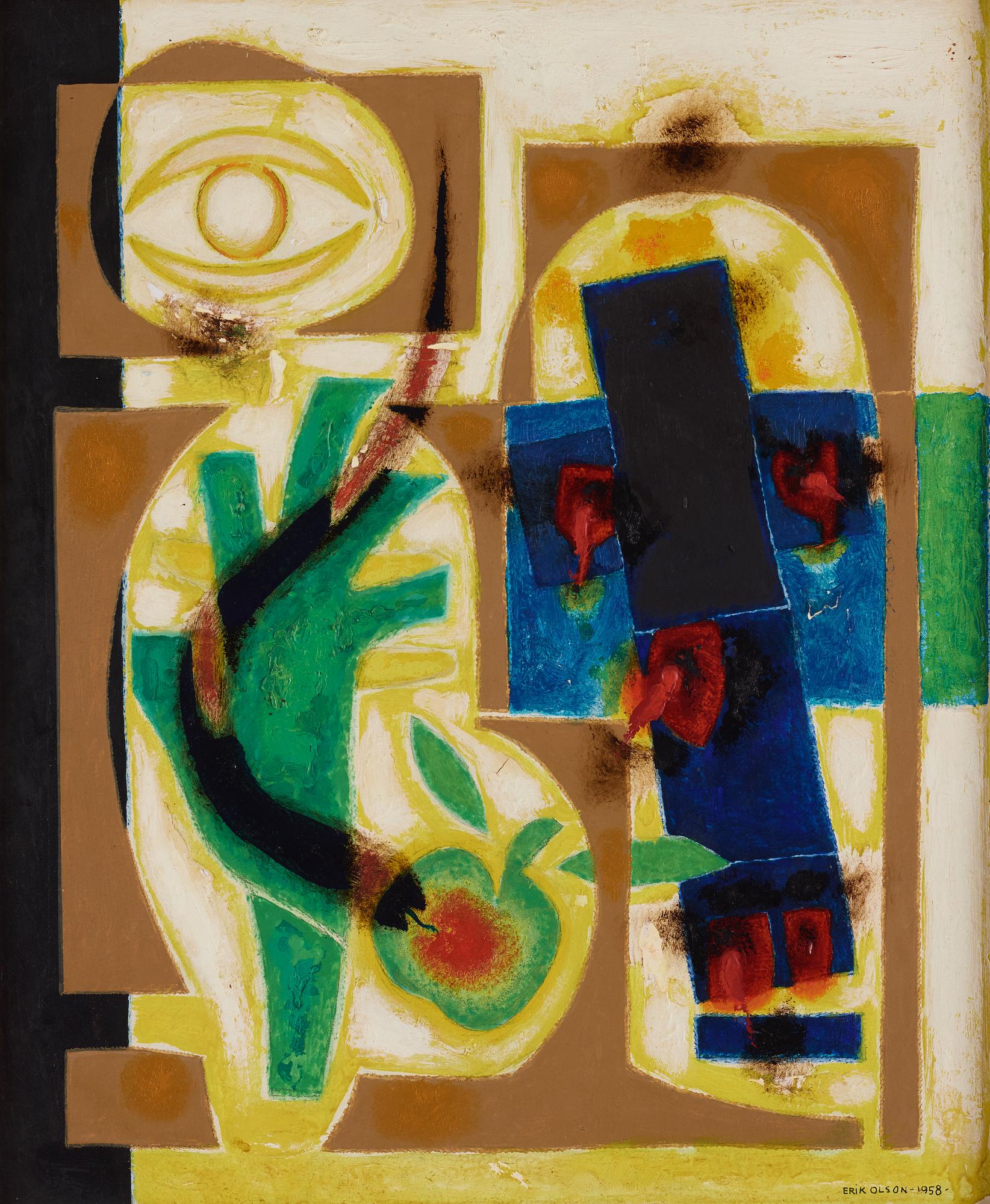 Erik Olson, oil on panel, signed and dated 1958.