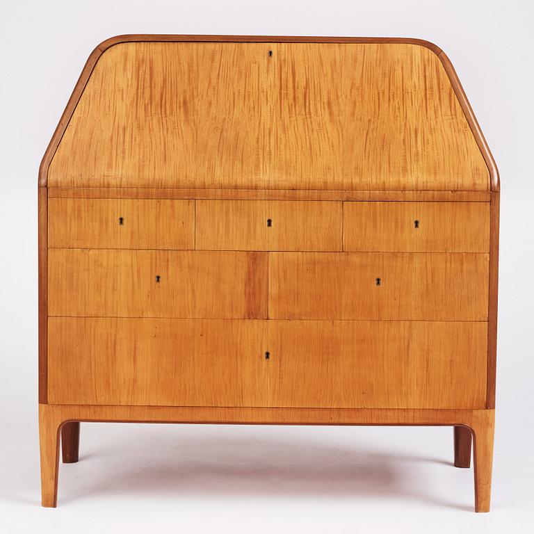 Oscar Nilsson, an olive ash veneered secretaire, a journeyman's work by Evert Kjellgren for Stockholm City Crafts Association, 1938.