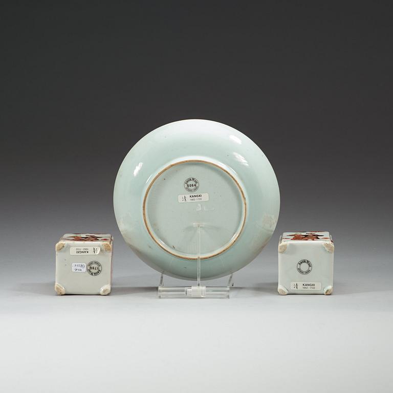 A pair 'European Subject' tea caddies and a dish, Qing dynasty, early 18th Century.