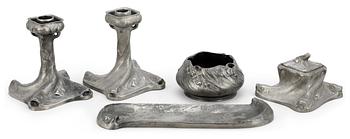 34. An Olof Ahlberg pewter art nouveau set of desk acessories, by Schreuder & Olsson, Stockholm 1908-10.