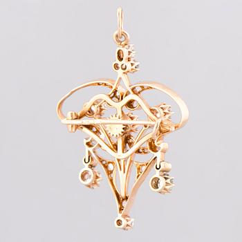 A BROOCH / PENDANT, old cut diamonds, 14K (56) gold. Russia, early 20th century.