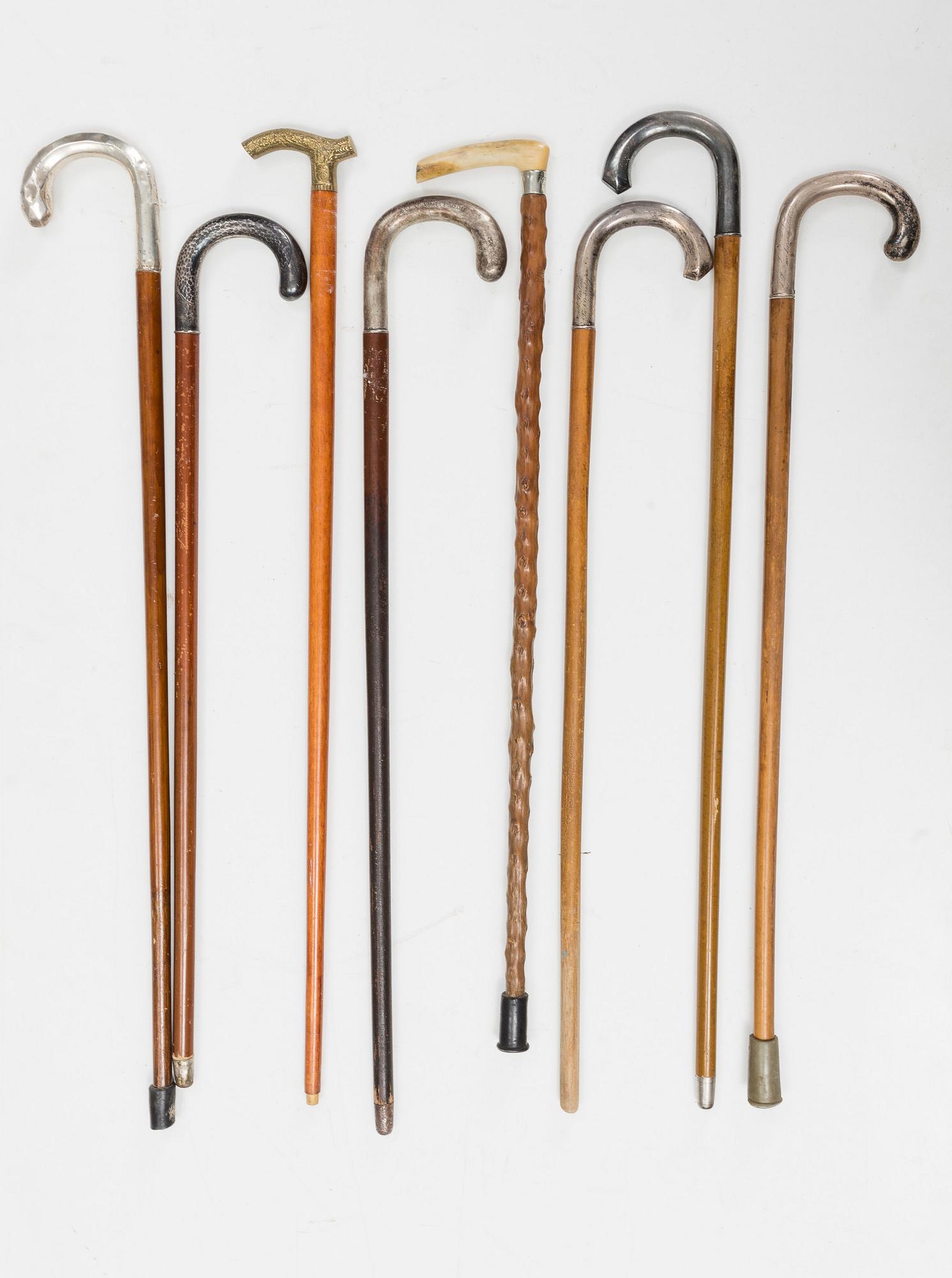 A set of eight canes, frist half of the 20th Century. (6 of them with silver details).