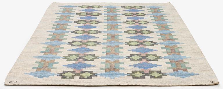 Judith Johansson, a carpet 'Riddarsporrar', flat weave, c. 245 x 177 cm, signed JJ E.