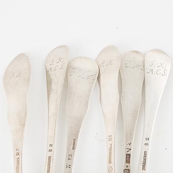 Six Swedish silver table spoons, 18th-19th century.