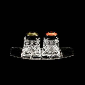 SALT- och PEPPARKAR, silver, emalj och glas, David Andersen, Norge, 1900-tal.