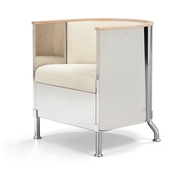 Mats Theselius, an 'Inox' polished steel, white soaped oak and white leather, nubuck armchair, Källemo, Sweden post 2015.