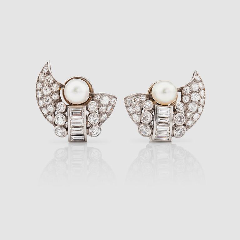 A pair of  baguette- and brilliant-cut diamond earrings with cultured pearls.