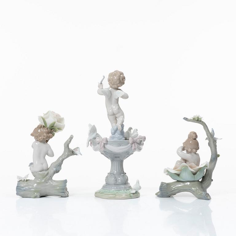 Lladró, figuriner, 3 st, "Fountain of love", "Born in springtime" samt "Somewhere in the garden", Spanien.