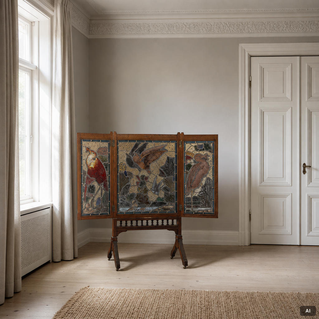 A fire screen, Maple & Co, England, circa 1900.