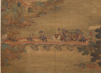 RULLMÅLNING,  flodlandskap i Qiu Yings (1494-1551) stil, sen Qingdynasti (1644-1912).