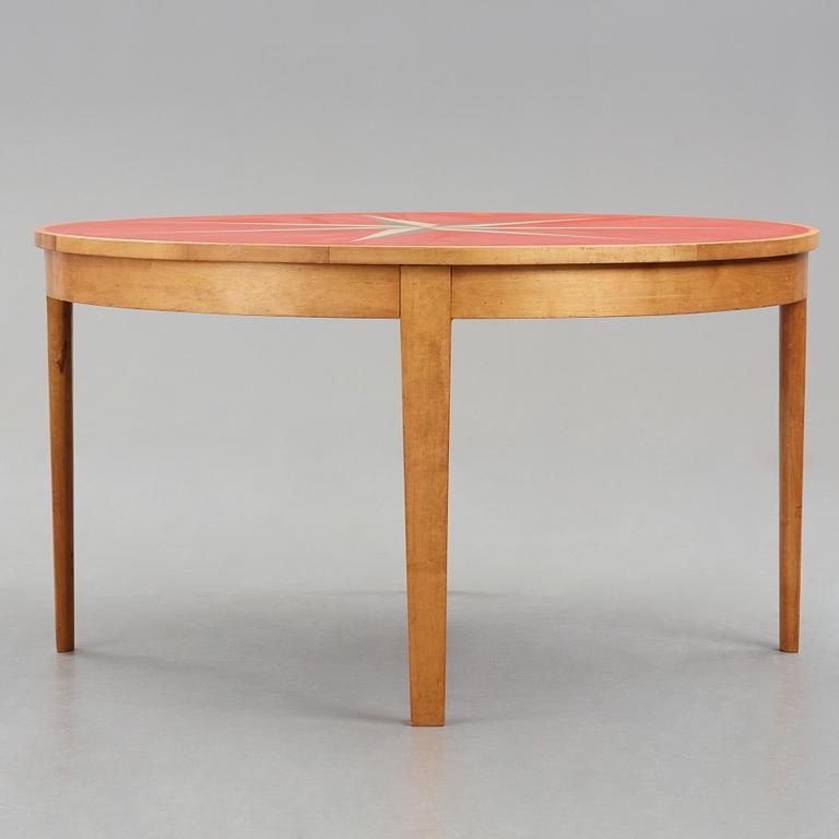 Hyresgästernas Möbelaffär (HSB), a linoleum decorated top Swedish Modern birch dining table, Stockholm 1936.