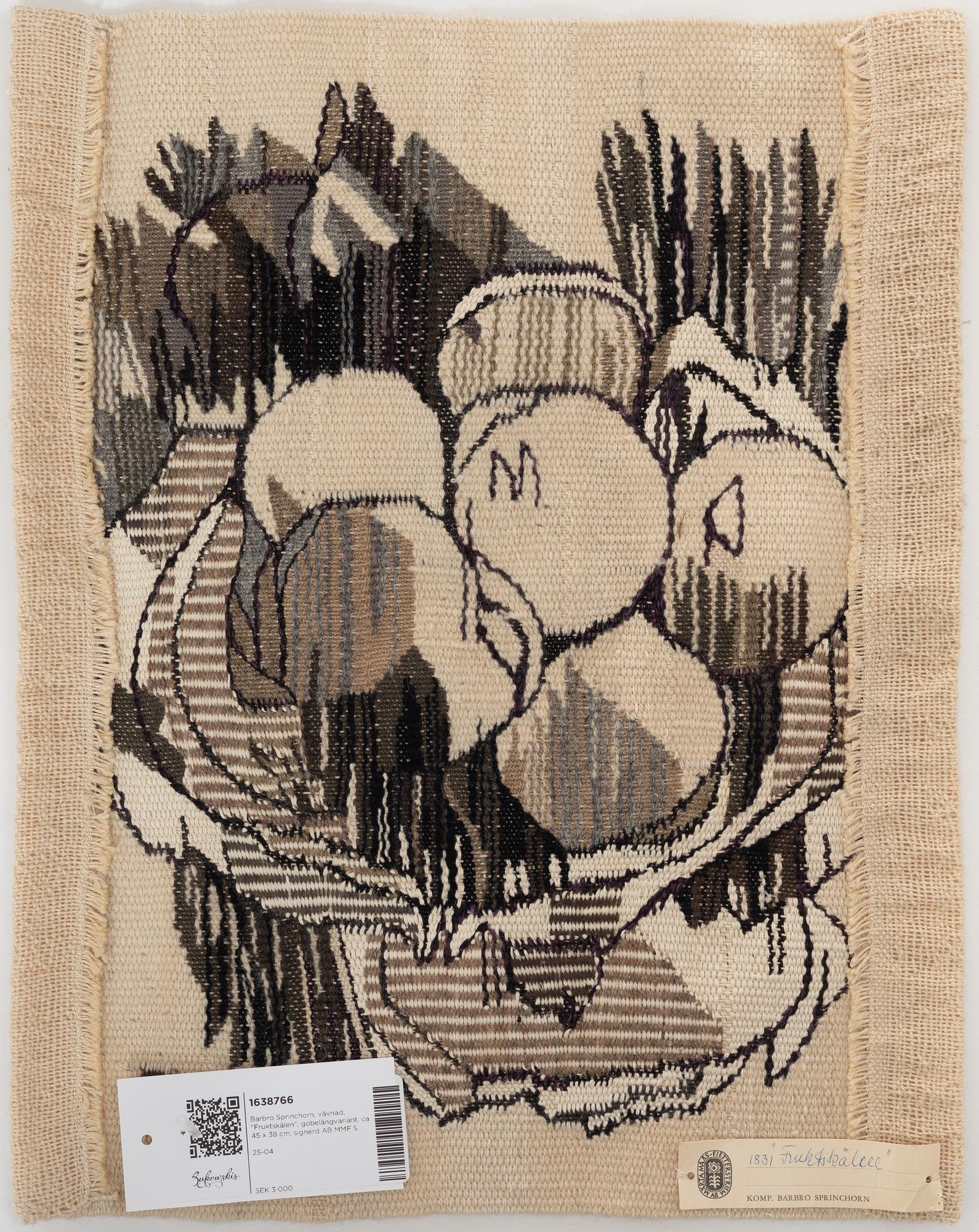 Barbro Sprinchorn, a textile, 'Fruktskålen' tapestry variant, c. 45 x 38 cm, signed AB MMF S.