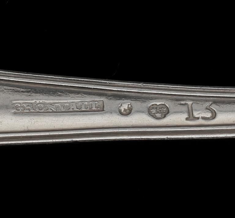 BESTICKSERVISDELAR, silver, ca 58 delar,  mest Carl Gustav Grönvall, Stockholm, 1820-tal. Vikt ca 2,724g.