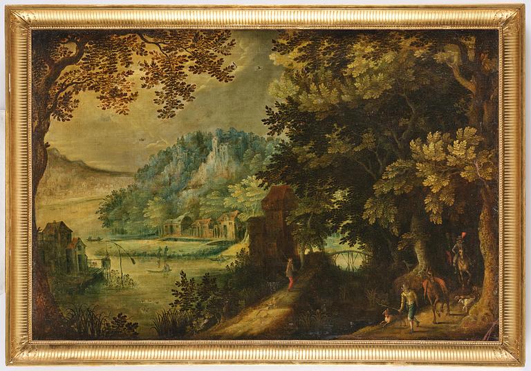 Flemish school, 16th/17th century in the manner of Anton Mirou, Landscape with figure staffage by a village.