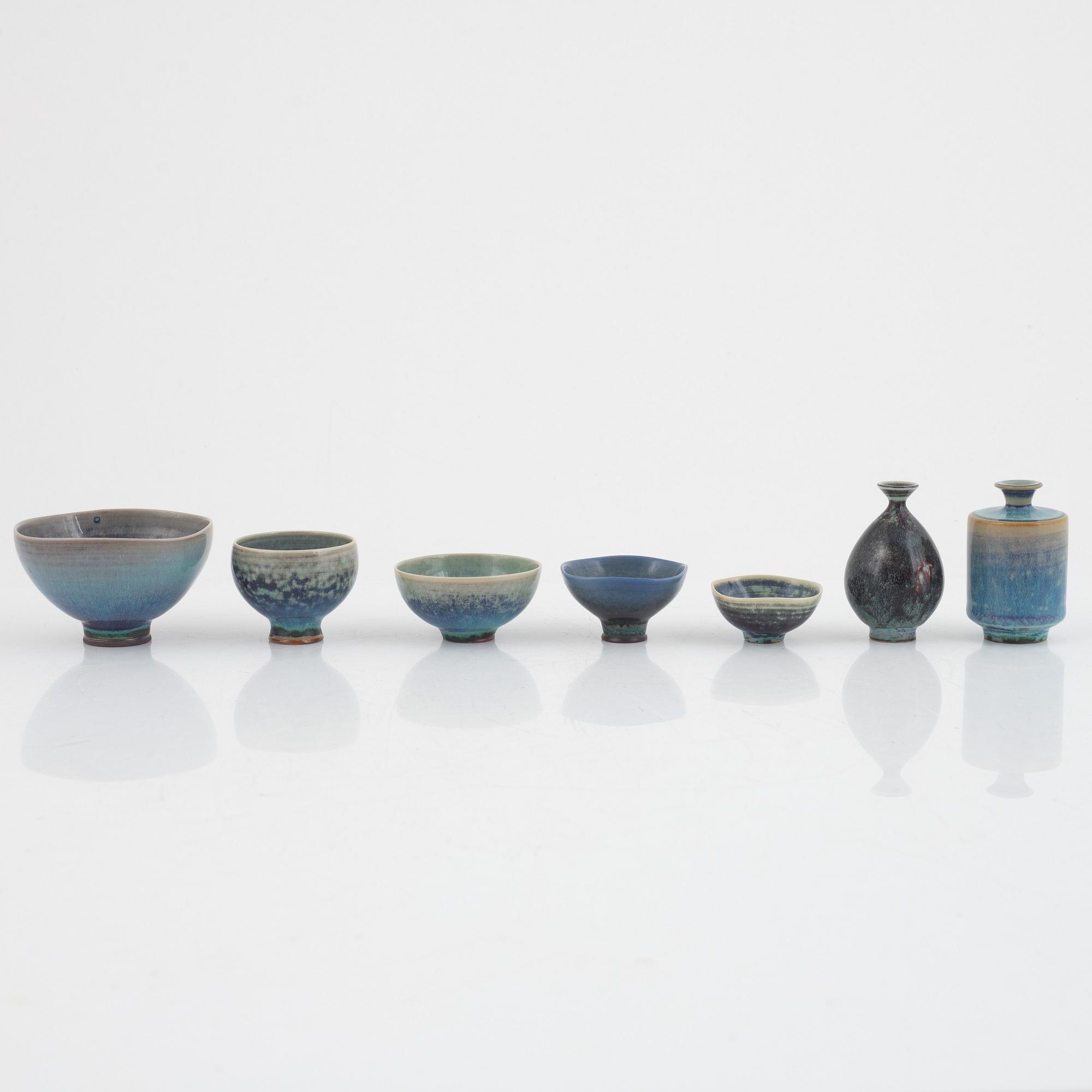 Berndt Friberg, miniatyrer, 7 st, stengods, Gustavsberg Studio, 1960-1970-tal.