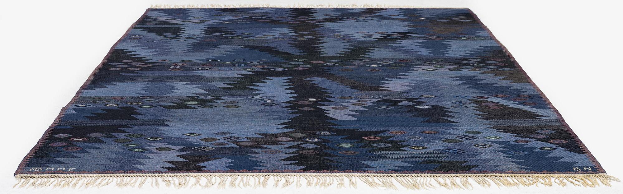 Barbro Nilsson, a carpet, 'Tånga blå', flat weave, c. 300 x 207 cm, signed AB MMF BN.