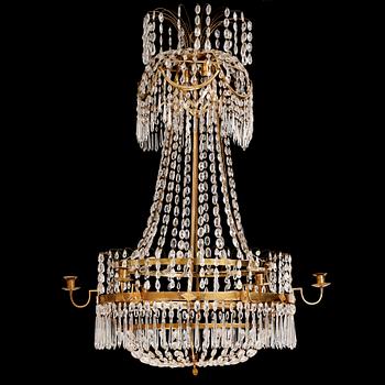 115. A late Gustavian gilt brass and cut glass seven-light chandelier, Stockholm, late 18th century.