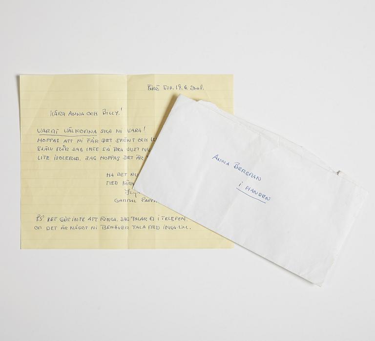LETTER from Ingmar Bergman to his daughter Anna Bergman, dated FÅRÖ TiSD. 19.6.2001. Envelope enclosed.