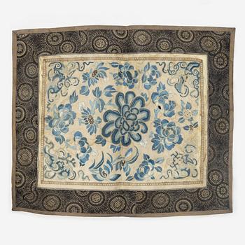 Two rank badges, two embroideries, and a brocade, China, part Qing dynasty.