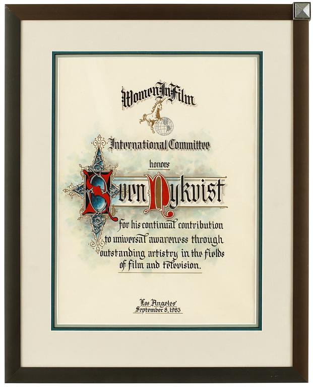 AN AWARD, Women in Film International Committee 1983.