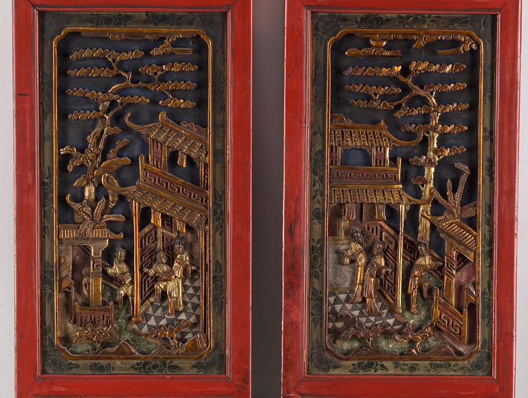 Two Chinese wooden carved panels, 20th century.