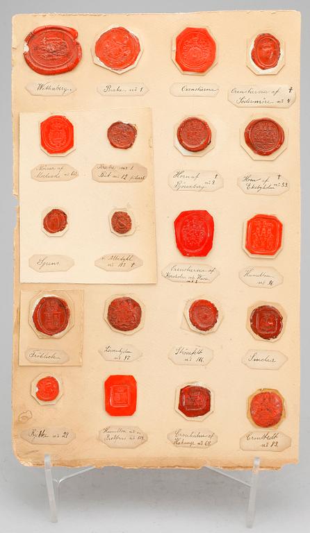 SIGILLSAMLING, 7 blad, mestadels svenska adelsvapen, 1800-tal.