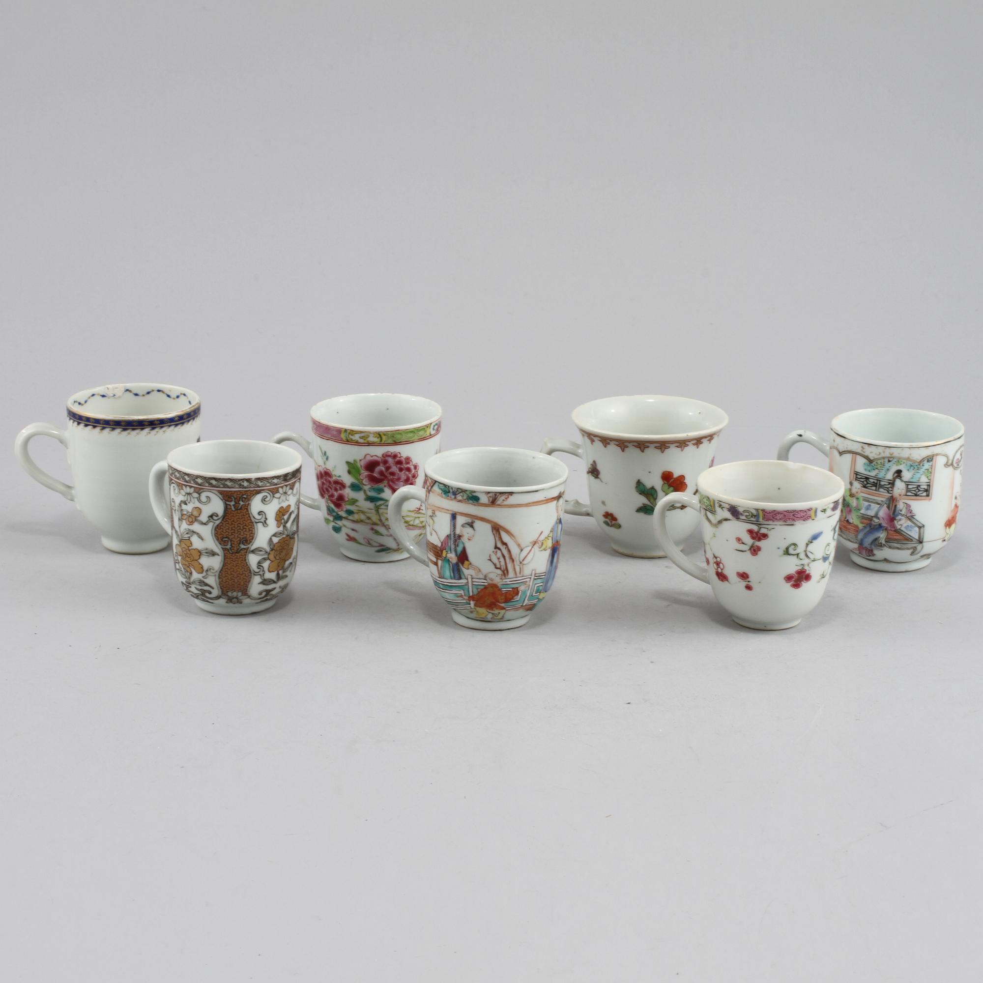 KOPPAR, 7 st, porslin, Kina, 1700-tal.