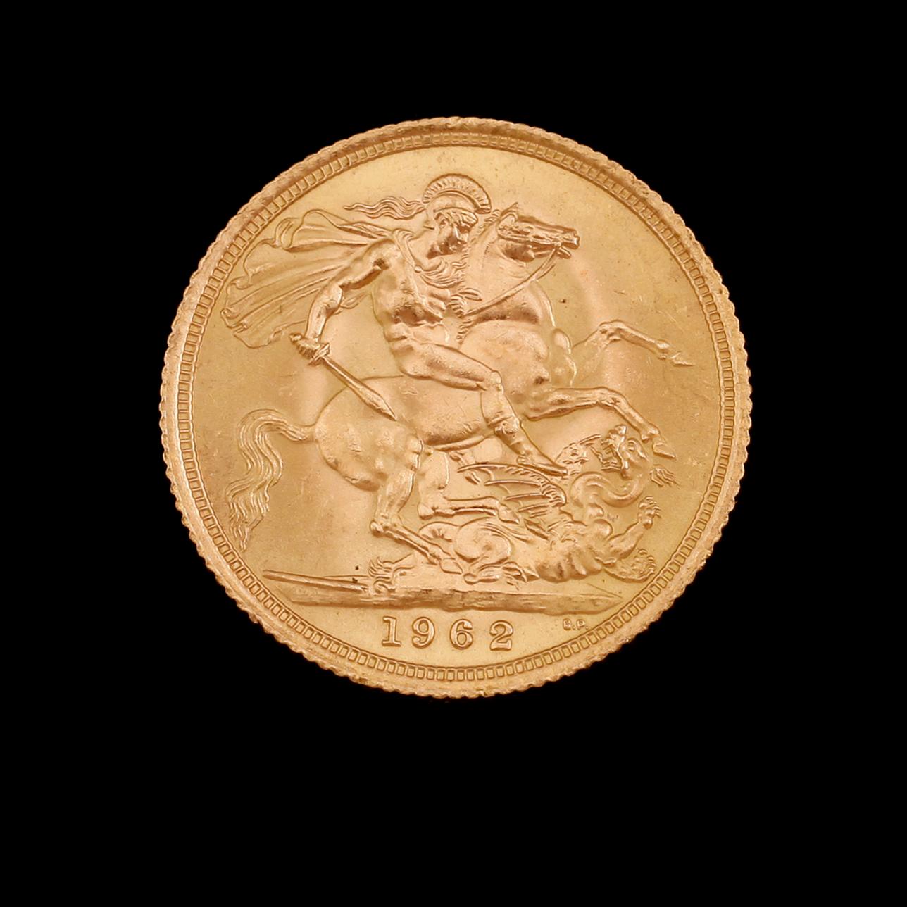 GULDMYNT, sovereign, Elizabeth II, 1962. Vikt ca 8 gram.