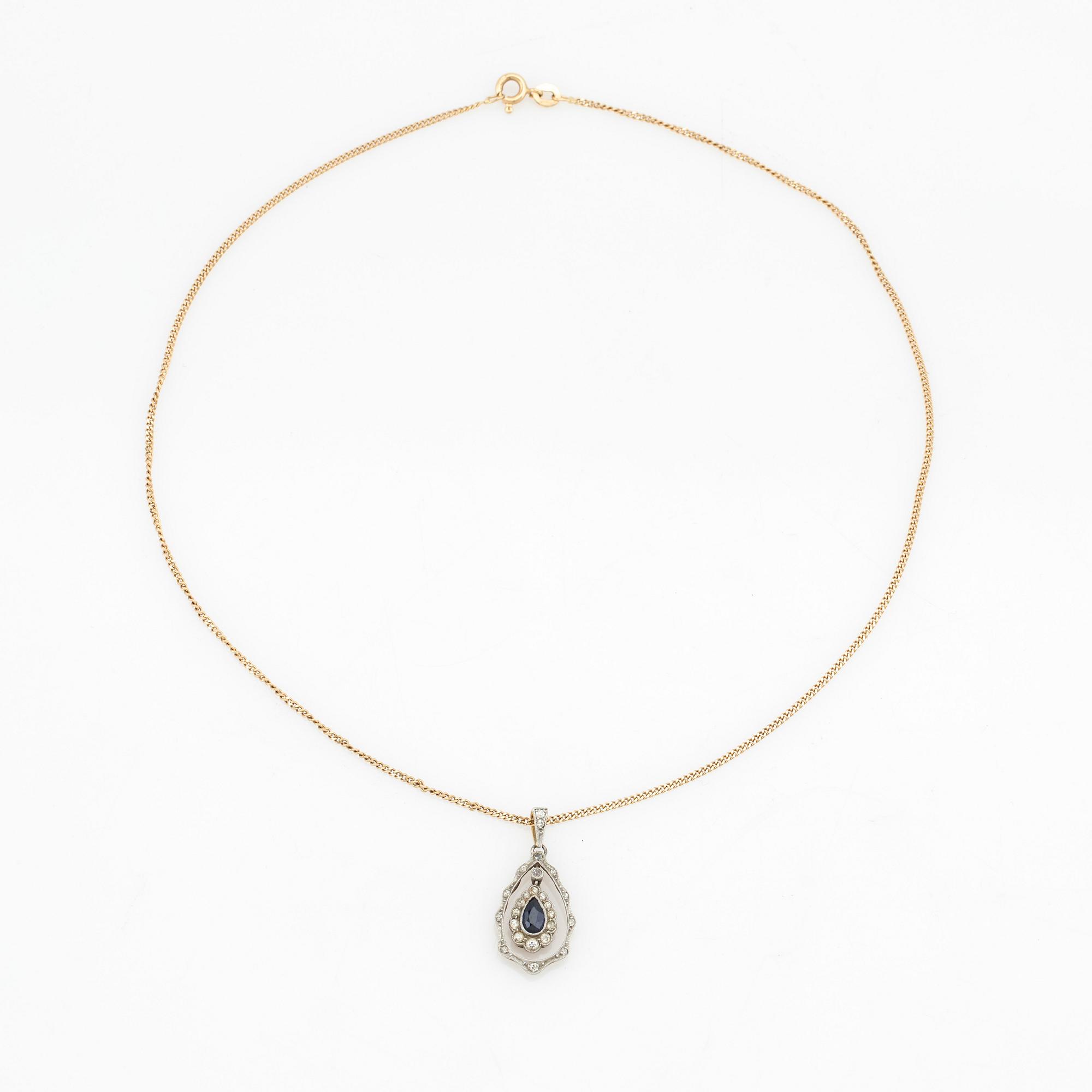 Necklace, 18K gold chain and pendant with brilliant-cut diamonds and synthetic sapphire.