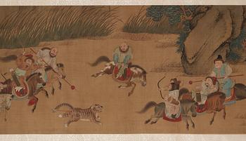 A fine handscroll of hunting scenes and with calligraphy, Qing dynasty.