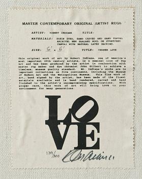 Robert Indiana, Signed R Indiana and numbered 139/300 on label verso and signed R Indiana in the carpet. Hand tufted carpet 183 x 183 cm.