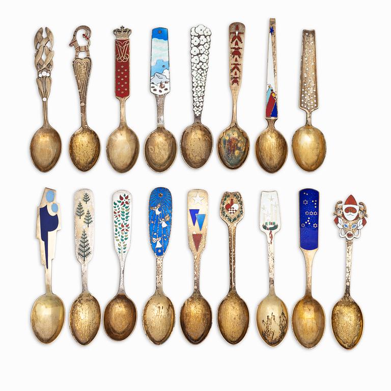 A set of sterling silver and enamel christmas cutlery, Michelsen, Denmark 1940s-1960s (34 pieces).