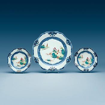 A famille rose and underglaze blue dish and two soup dishes, Qing dynasty, Qianlong (1736-95).