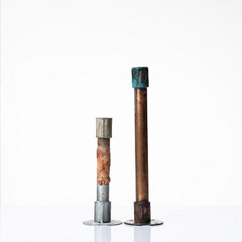 Two 20th century industrial design metal/copper pipe candlesticks.