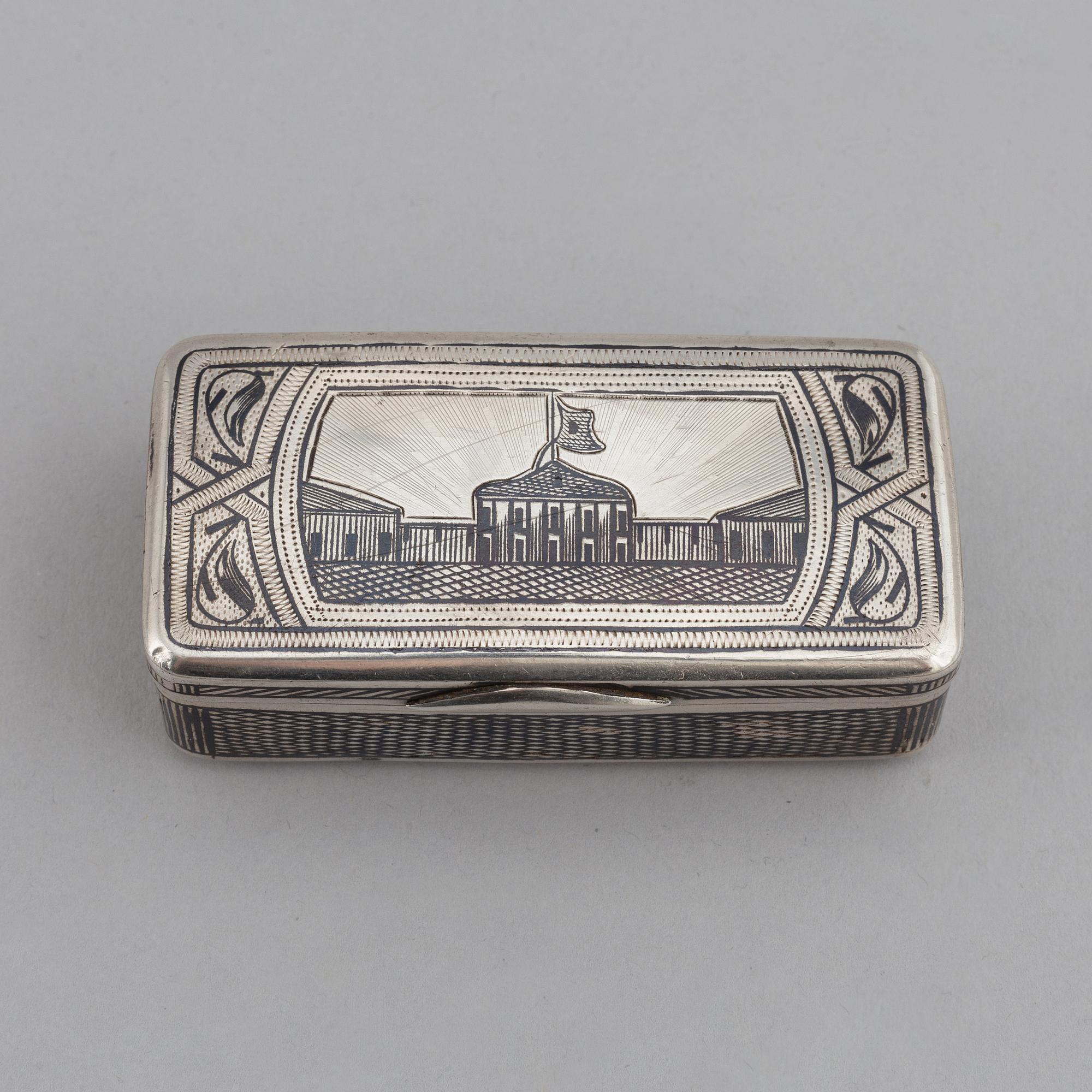 A Russian parcel-gilt silver niello box, unidentified makers mark, Moscow 1888.