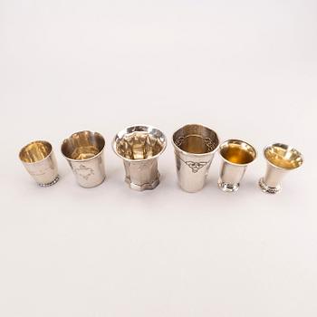 Six 20th century, miniature beakers, silver, makers of Georg Jensen, Lachmann and others.