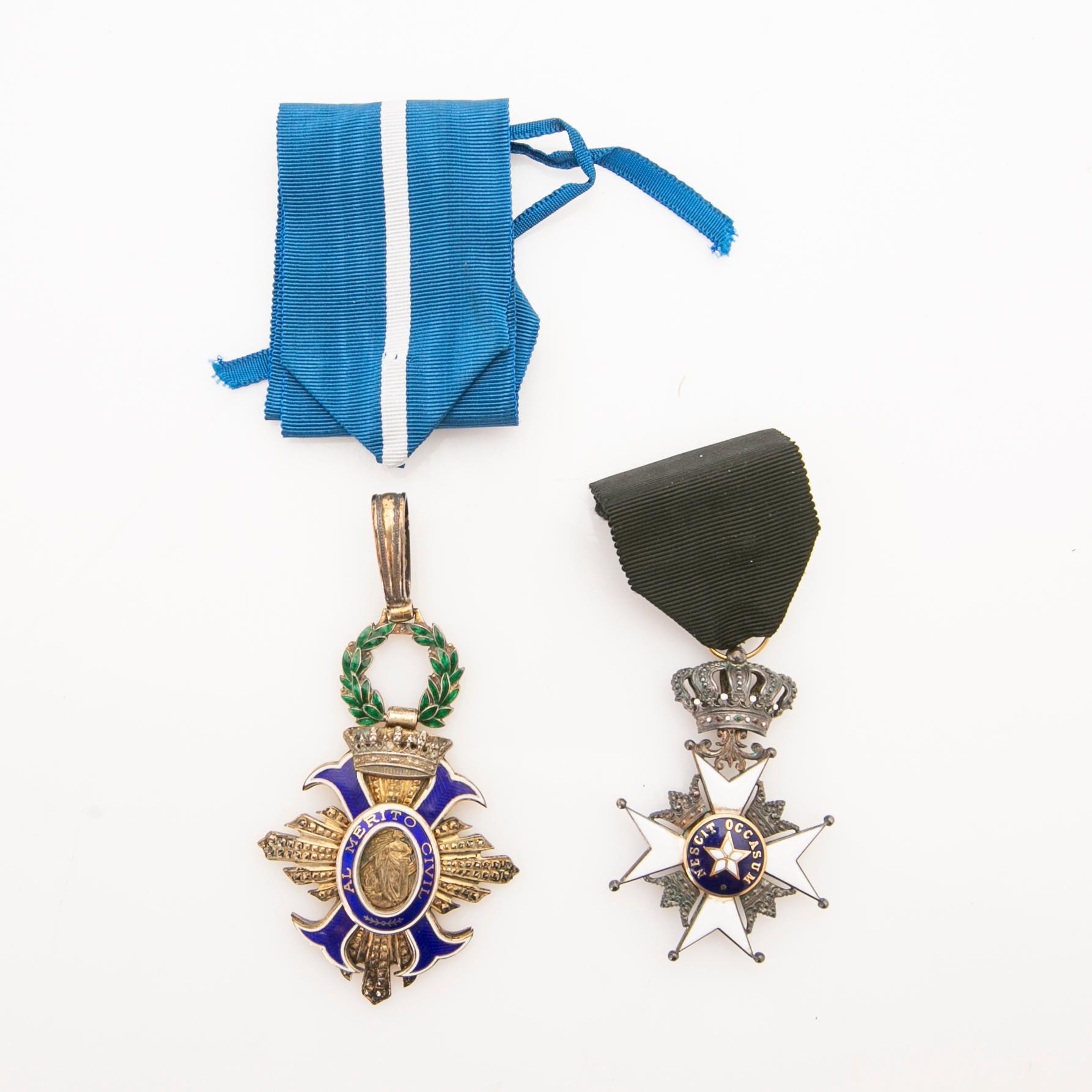 Two medals. The Royal Order of the Polar Star, Stockholm, and the Order of Civil Merit, Spain, 20th century.