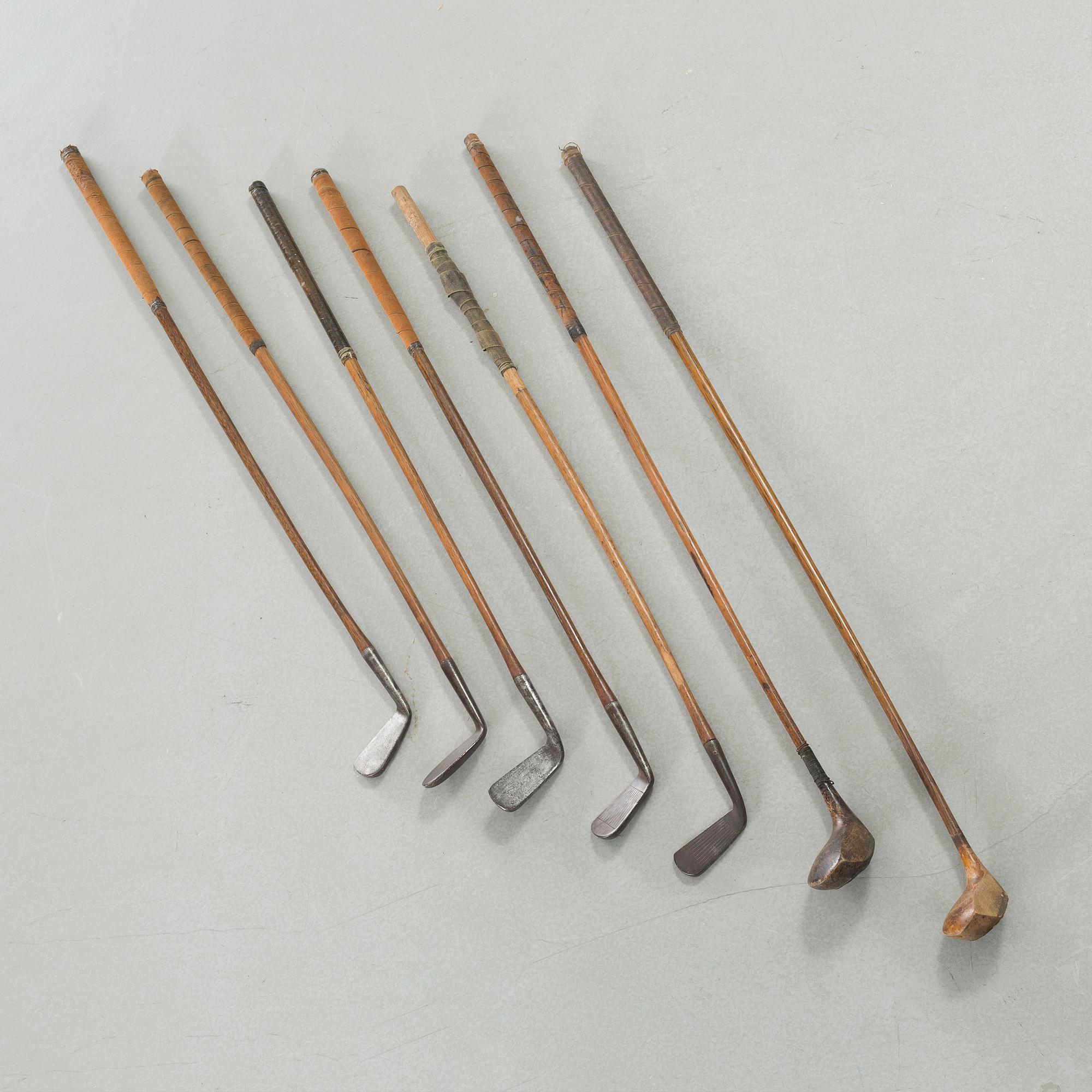Seven golf clubs with bag, clubs by by "J Winton" & "Josh Taylor",, first half of the 20th century.