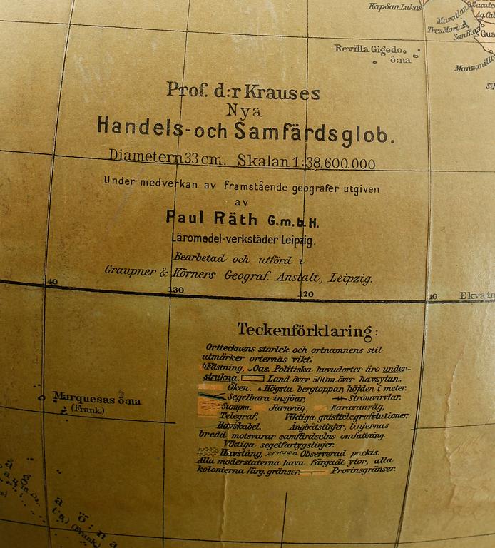 JORDGLOB, Dr. Krauses Handels- och Samfärdsglob, Leipzig, 1900-talets första hälft.