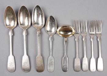 DIVERSE BESTICK, 9 st, silver, mest Tyskland, bla F. Witzki. 1800/1900-tal.